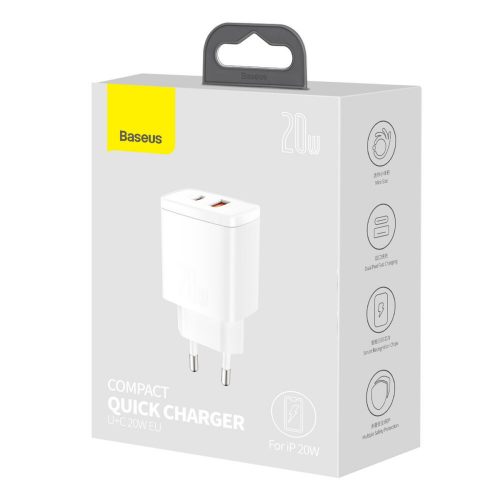 Hálózati töltőfej Baseus Compact Quick CCXJ-B02 Usb A Type-c kimenet PD QC 3.0 20W 3A bliszteres fekete